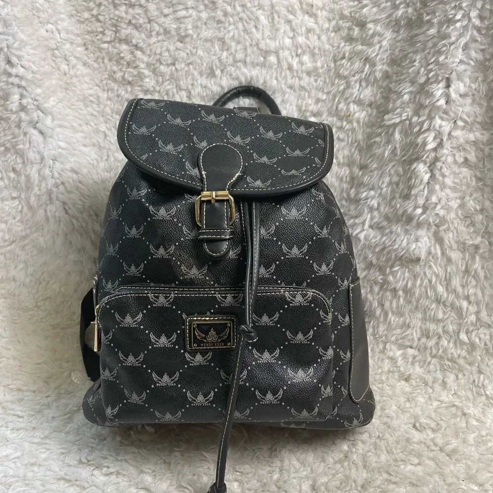 Wendy Keen Synthetic black and gray logo Backpack drawstring top closure.